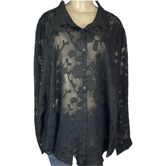 Torrid +5 Black Button Down Collar Sheer Chiffon Clip Floral Long Sleeve Shirt - Picture 2 of 6
